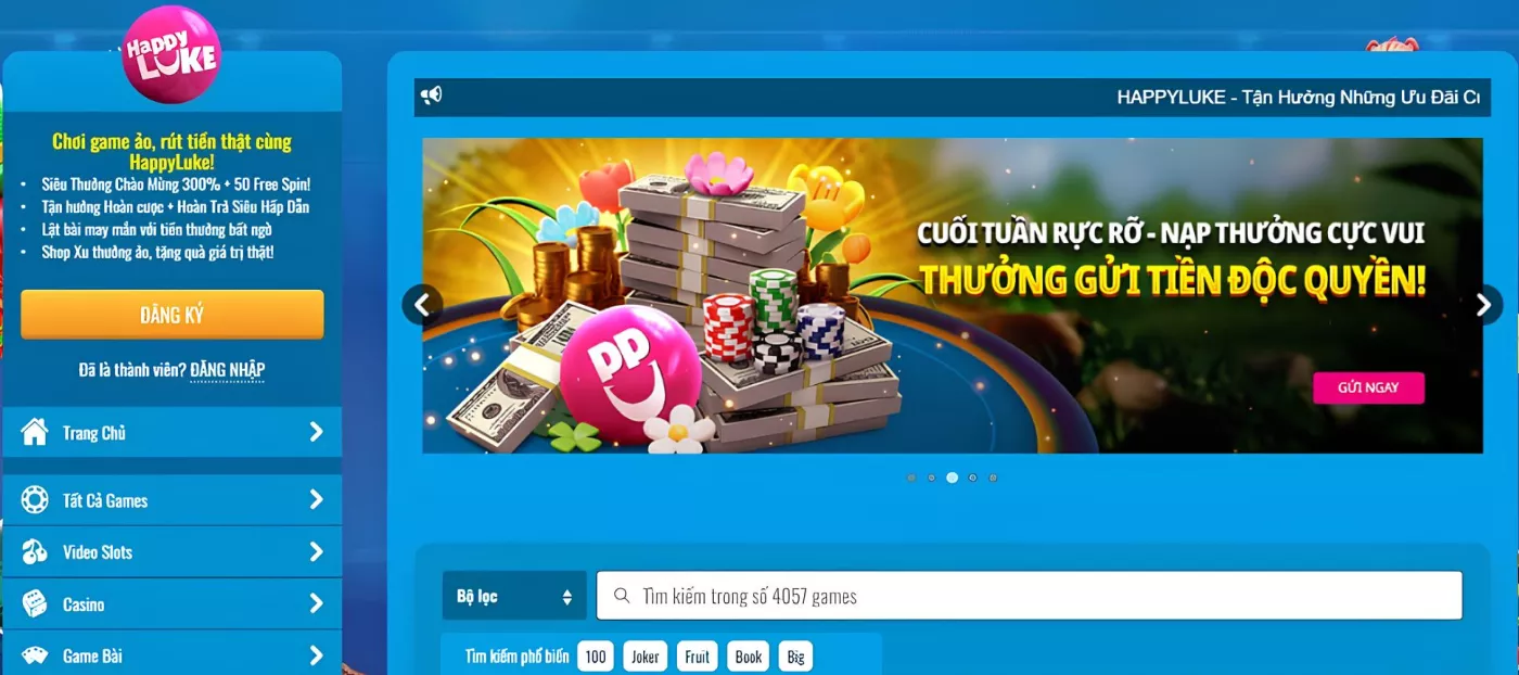 Happyluke casino online lobby with hundreds of slot games, live dealers and exclusive promotions for new players